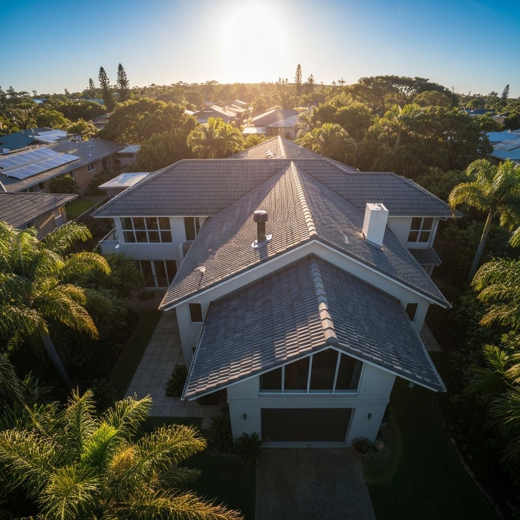 Drone performing aerial roof inspection on Gold Coast property